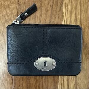 Fossil Black Leather Coin Purse Card Holder Wallet W ID Window Small Zip Pouch